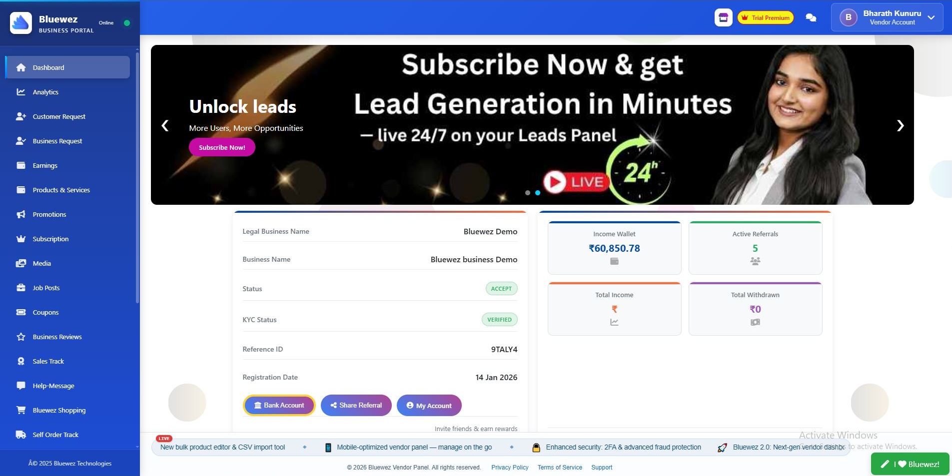 Bluewez vendor dashboard overview